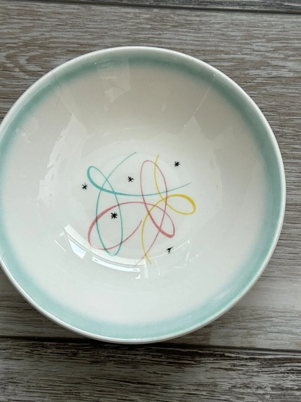 Vintage Atomic Starburst MCM Bowls w Turquoise Rim Snacks Cereal W.S. George (?)